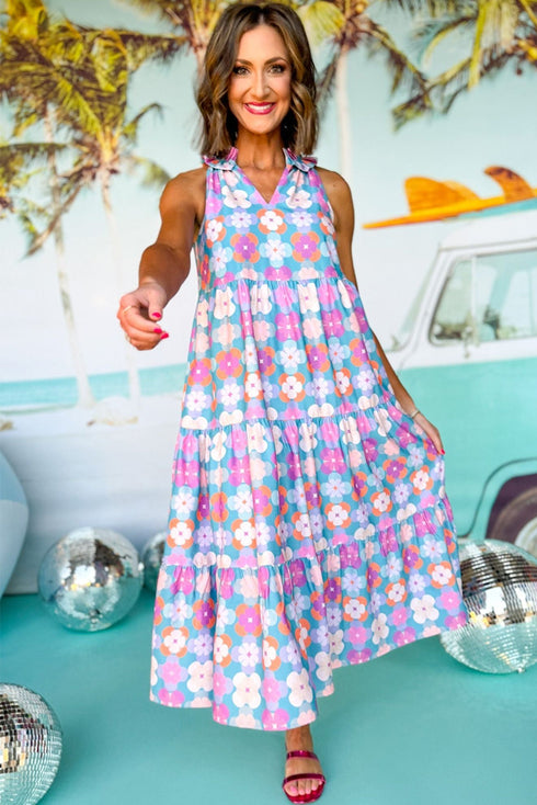 Floral Print Frilly Neck Sleeveless Tiered Maxi Dress